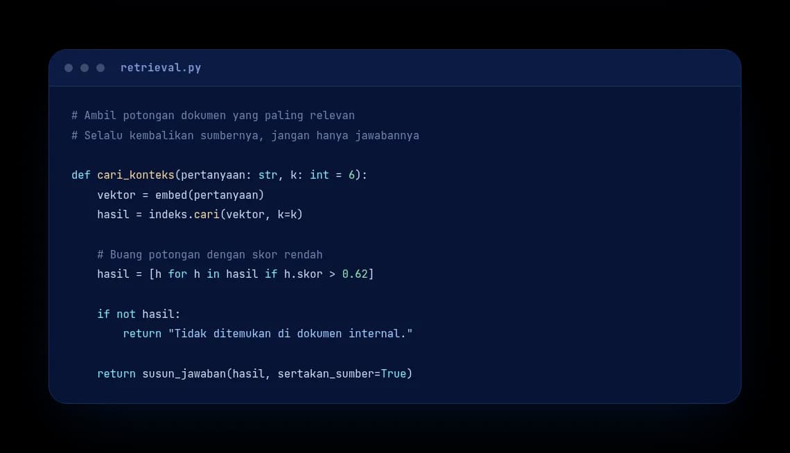 Cuplikan kode Python retrieval.py RekanTech: fungsi cari_konteks mengambil potongan dokumen relevan, membuang skor rendah, dan menyusun jawaban dengan sumber.